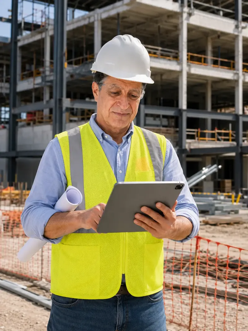 A BBD engineer on a construction site with plans