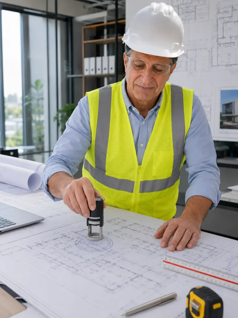 A BBD engineer reviewing and sealing drawings