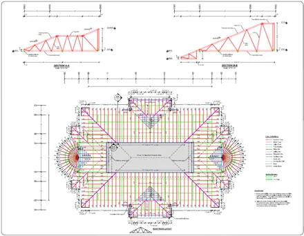 Roof truss layout with sections, a BBD Engineering drawing sheet