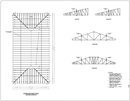 Rafting pick point layout with truss profiles, a BBD Engineering drawing sheet