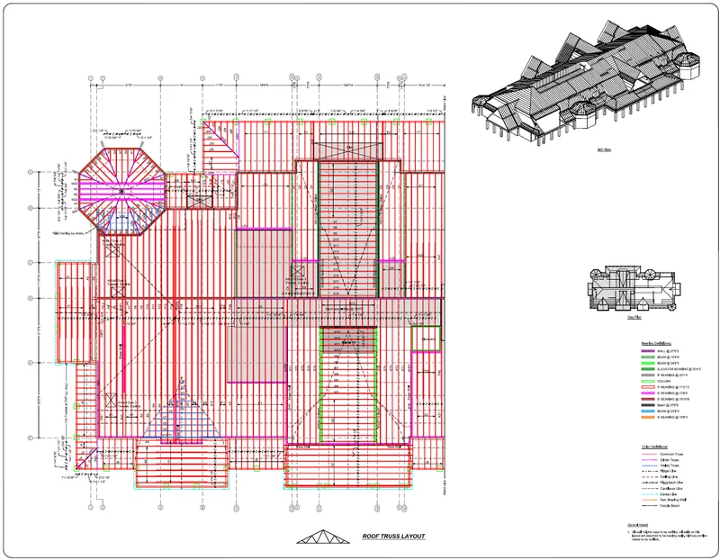Roof truss layout with a 3D model, a BBD Engineering drawing sheet